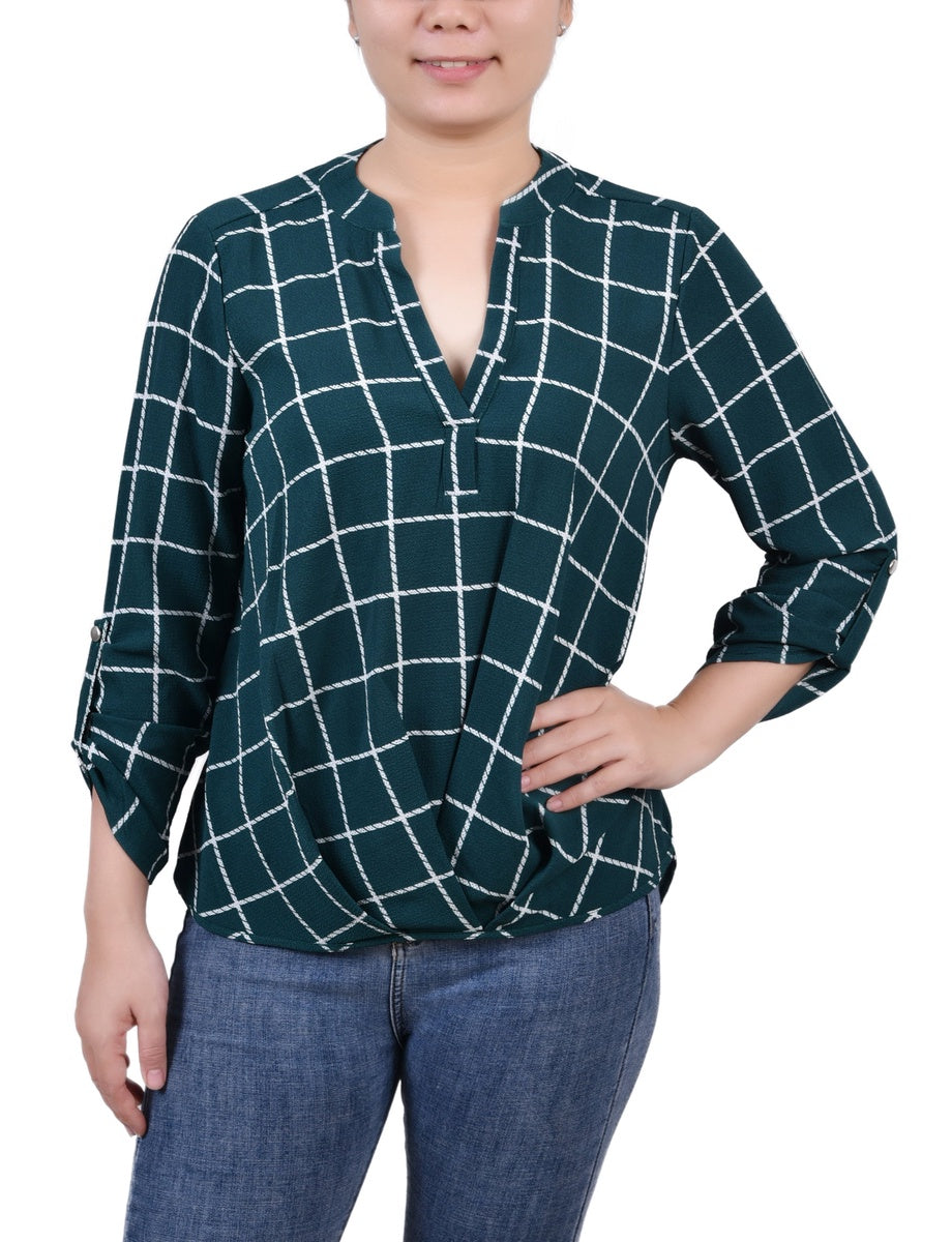  NY Collection Petite 3/4 Sleeve Mandarin Collar Blouse With Front Pleats - Black Mauve Stripe - Bonton