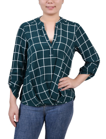 Petite 3/4 Sleeve Mandarin Collar Blouse With Front Pleats