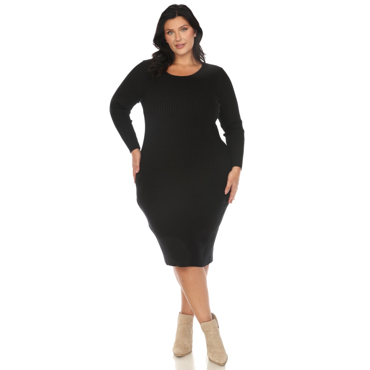  White Mark Plus Size Long Sleeve Rib Midi Sweater Dress - 1X - Bonton