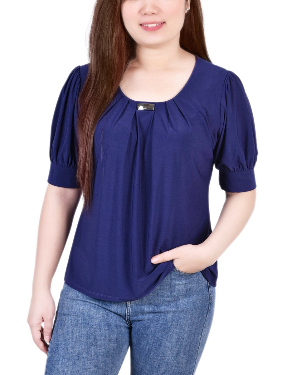  NY Collection Short Sleeve Balloon Sleeve Top With Hardware - Black - Bonton