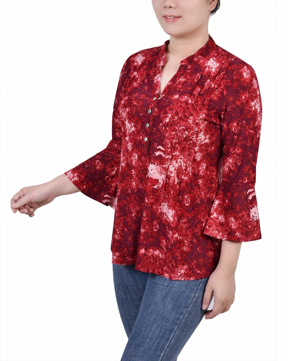  NY Collection Petite 3/4 Bell Sleeve Pleat Front Y Neck Top - Berry Plaid - Bonton
