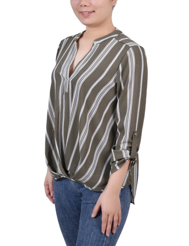 Petite 3/4 Sleeve Mandarin Collar Blouse With Front Pleats