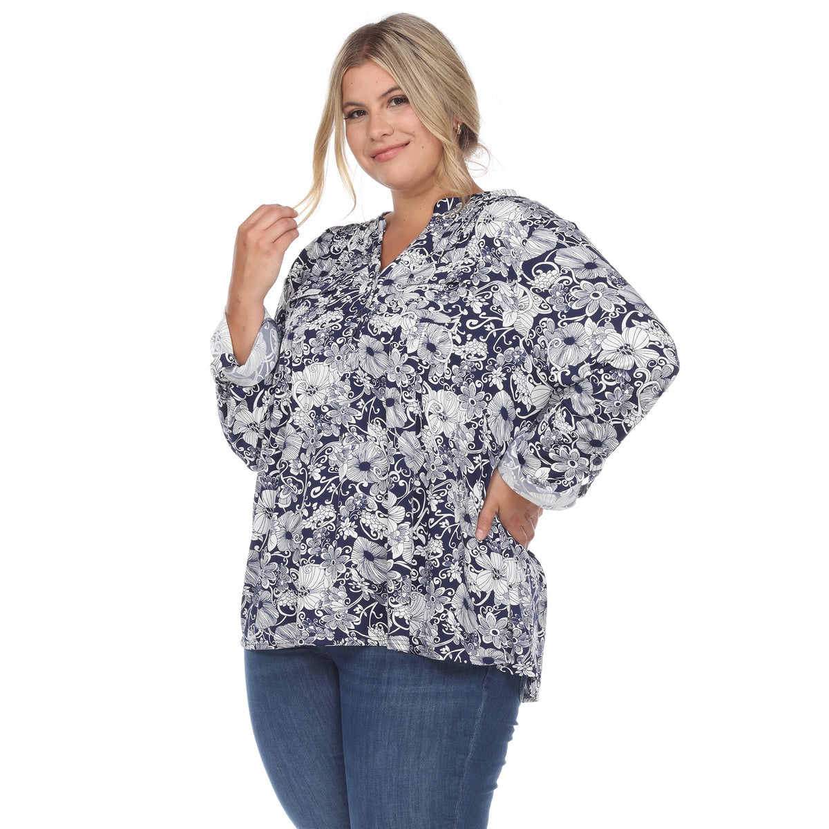  White Mark Plus Size Pleated Long Sleeve Floral Print Blouse - 1X - Bonton