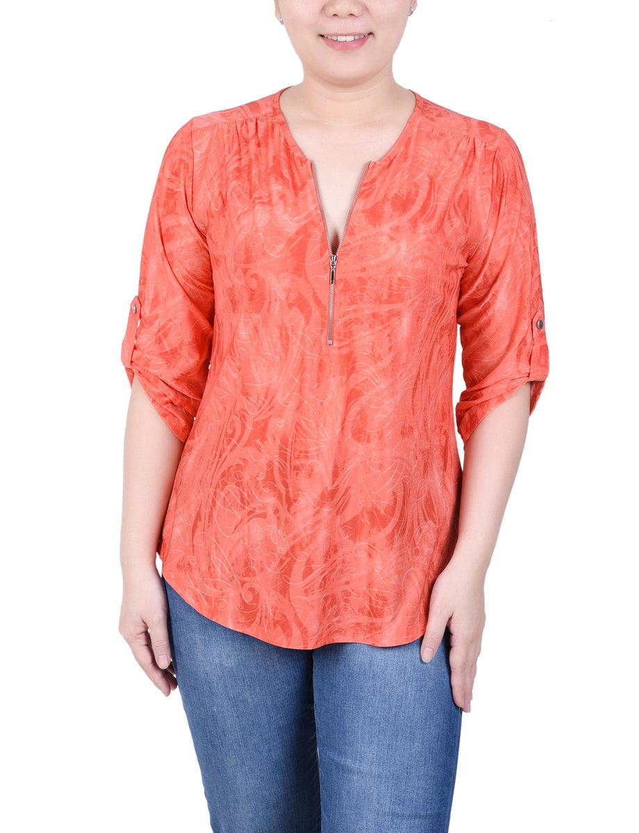  NY Collection 3/4 Roll Tab Zip Front Jacquard Knit Top - Red Sakadotduo - Bonton