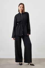 Mizalle-Cinched Waist Shirt Jacket-Black