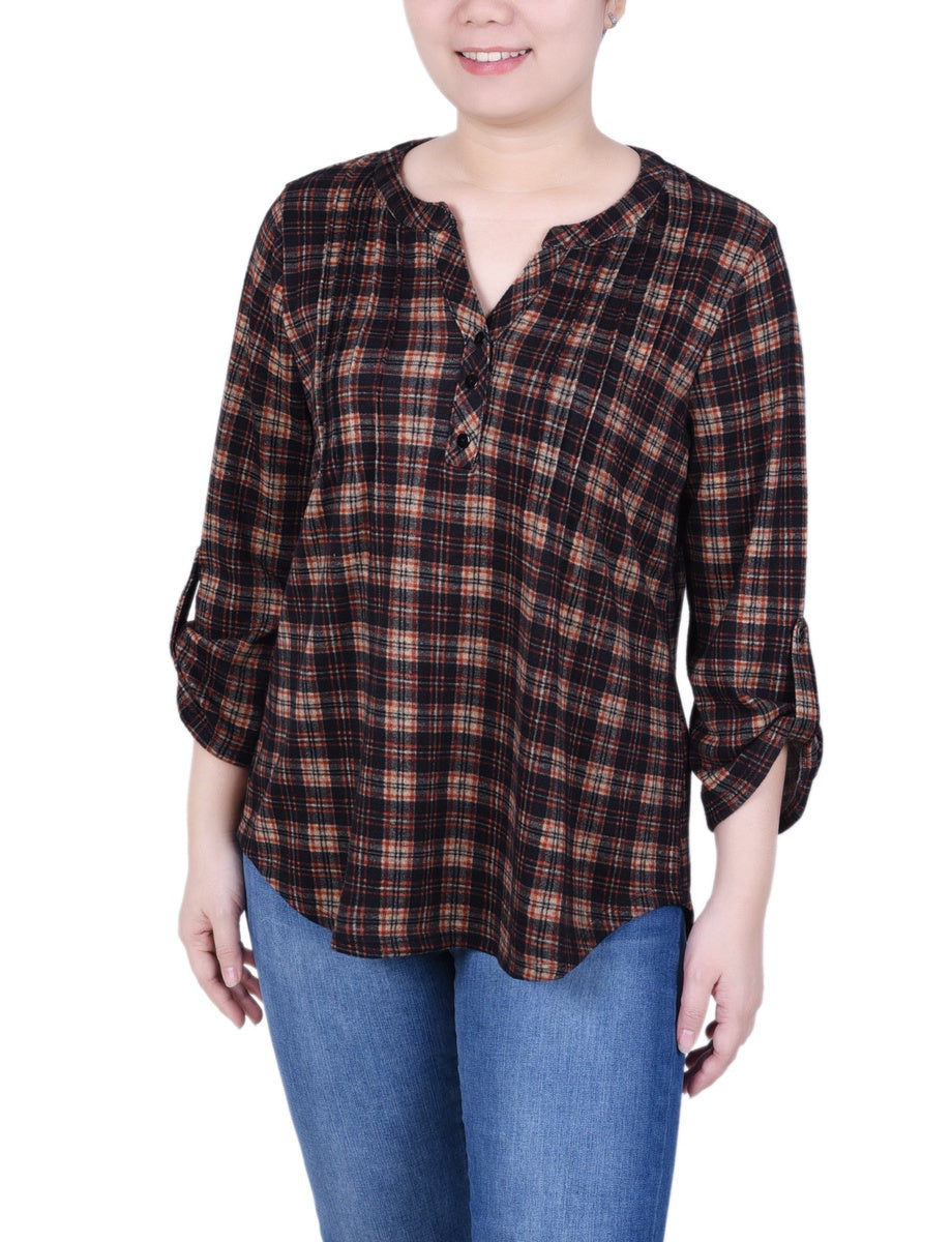  NY Collection Petite 3/4 Roll Sleeve Top - Red Black Abstract - Bonton