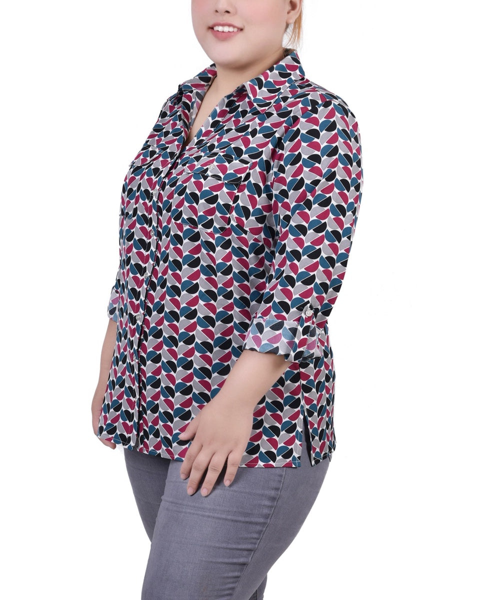  NY Collection Plus Size 3/4 Sleeve Roll Tab Notch Collar Blouse - Black And Doeskin Floral Iconi - Bonton