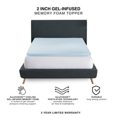 Gel-Infused Memory Foam Mattress Topper 2"