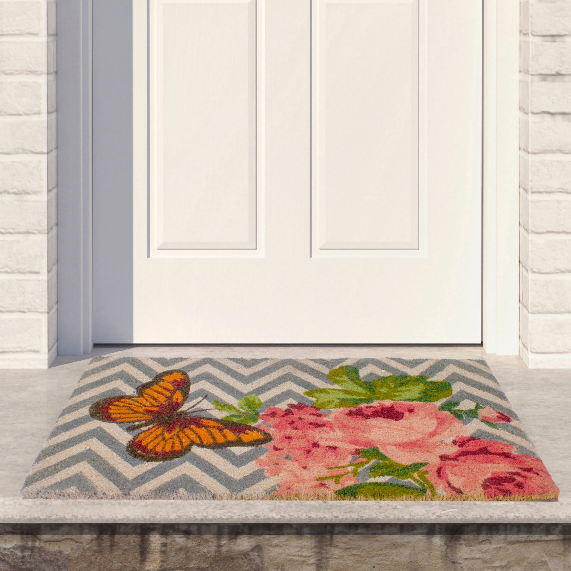  Coir Rose with a Butterfly Chevron Spring Doormat - Pink - Bonton