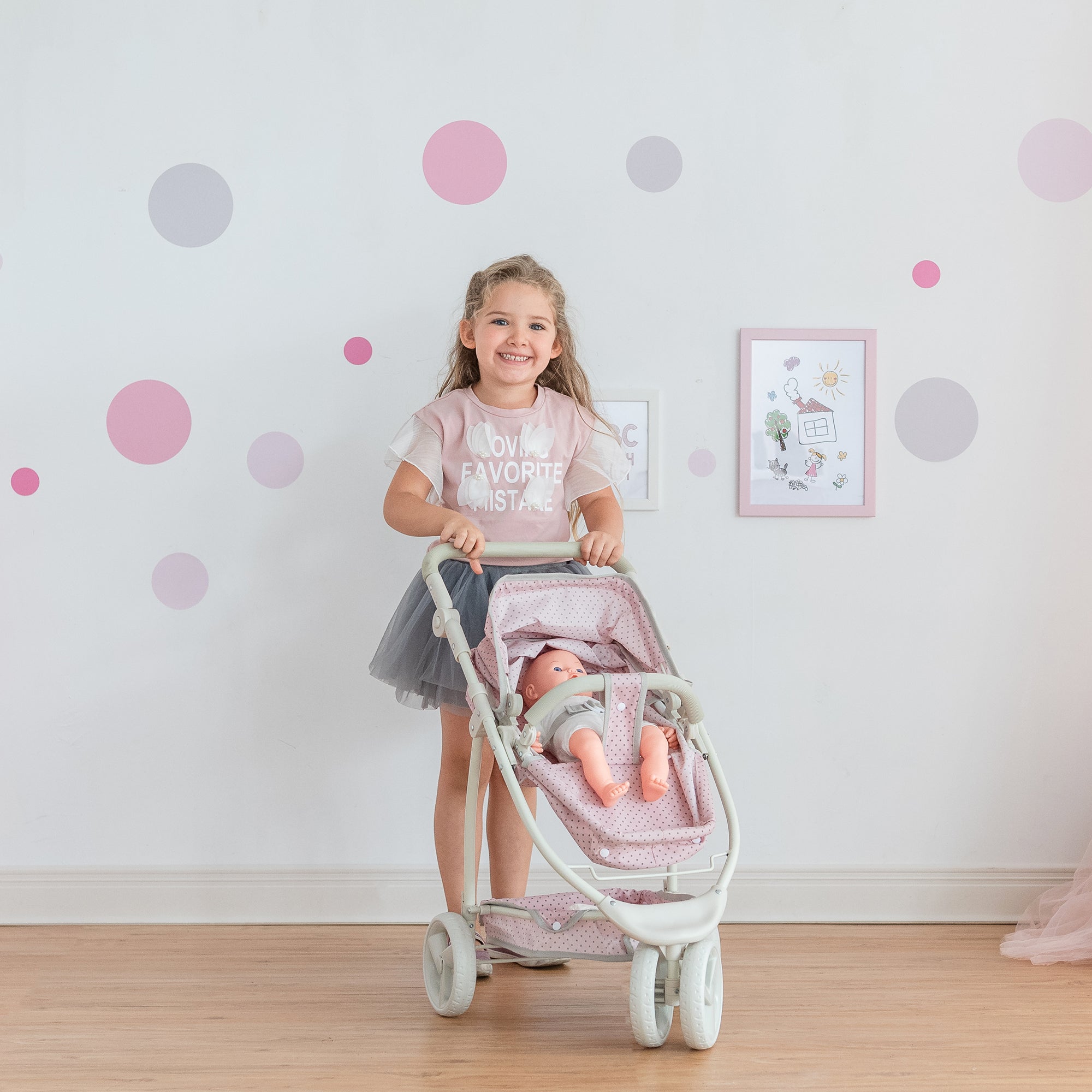  Teamson Kids Olivia's Little World - Polka Dots Princess 2-In-1 Baby Doll Stroller - Pink/Grey - Bonton