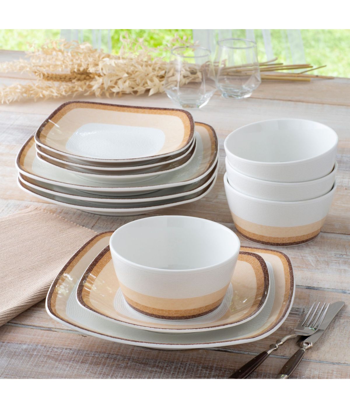  Noritake Colorscapes Layers 12 Piece Square Set, Service for 4 - Desert - Bonton