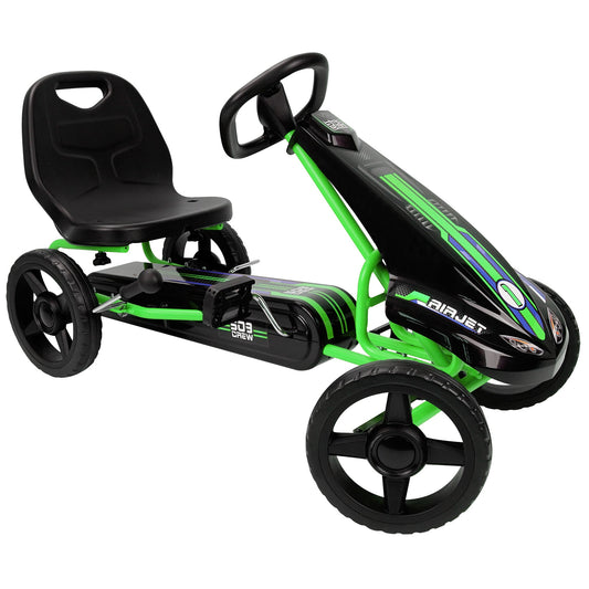 Air Jet Pedal Go Kart - Green - Kids, Sporty Graphics on The Front Fairing, Adjustable Bucket Seat, 4 Spoke Rims w/ 10" EVA Wheels, Sporty Steering Wheel, Kids Go Kart Ages 4+-Multi-One Size-1