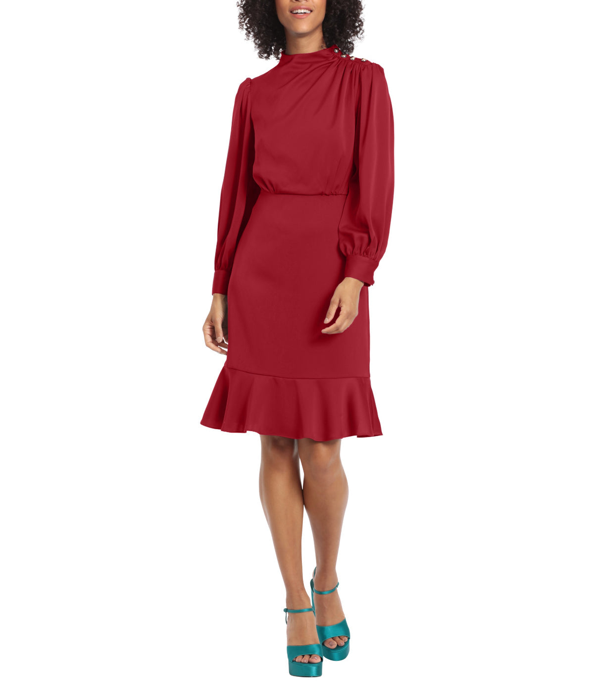  Maggy London Short Dress With Shoulder Drape Detail And Ruffle Hem - Red Velvet - Bonton