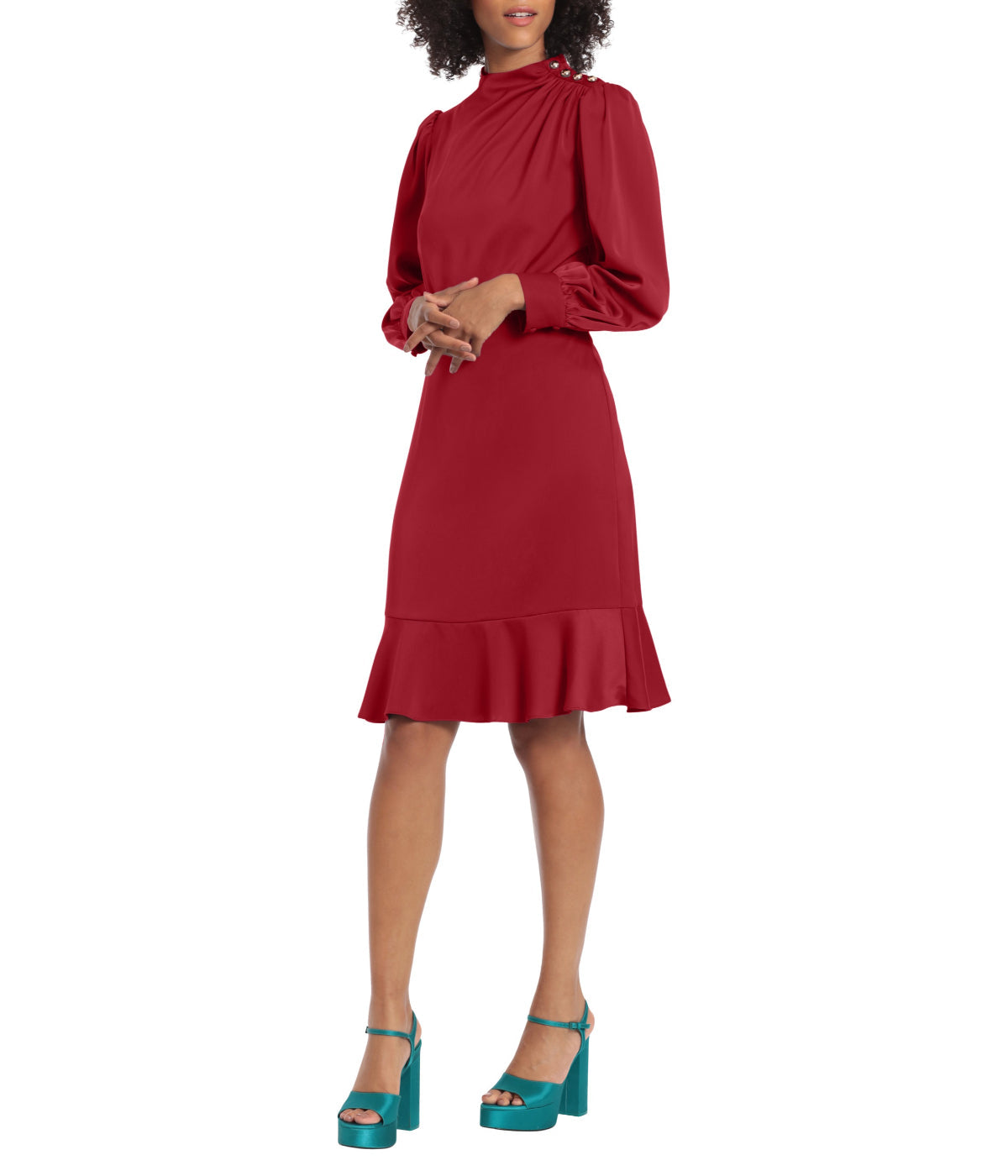  Maggy London Short Dress With Shoulder Drape Detail And Ruffle Hem - Red Velvet - Bonton