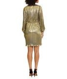Pleated Long Sleeve Knee Length Dress Gold