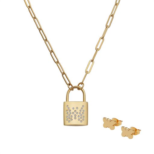  Gemesis Jewels by Edforce Butterfly Earrings and Chain Padlock Necklace Set - Gold - Bonton