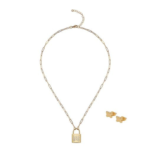  Gemesis Jewels by Edforce Butterfly Earrings and Chain Padlock Necklace Set - Gold - Bonton