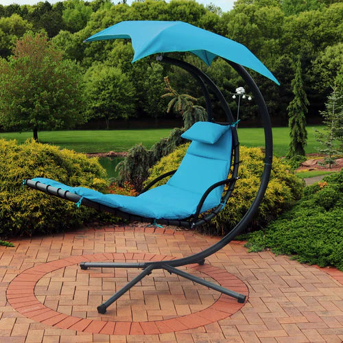  Sunnydaze Decor Hanging Chaise Floating Lounge Chair with Canopy Umbrella and Stand - Navy Blue - Bonton