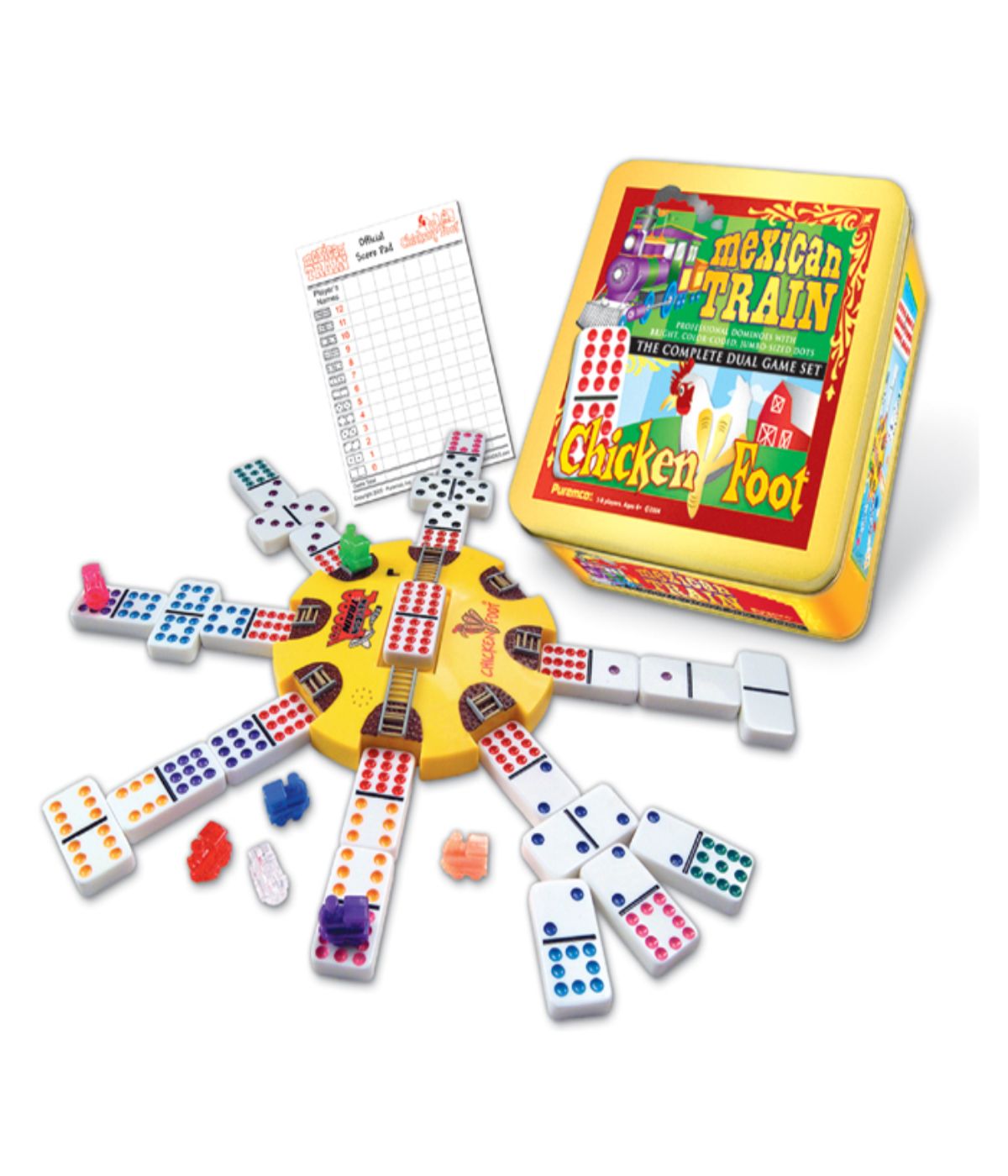  Mexican Train & Chickenfoot Dominoes - Complete Dual Game Set in a Tin Multi - Multi - Bonton