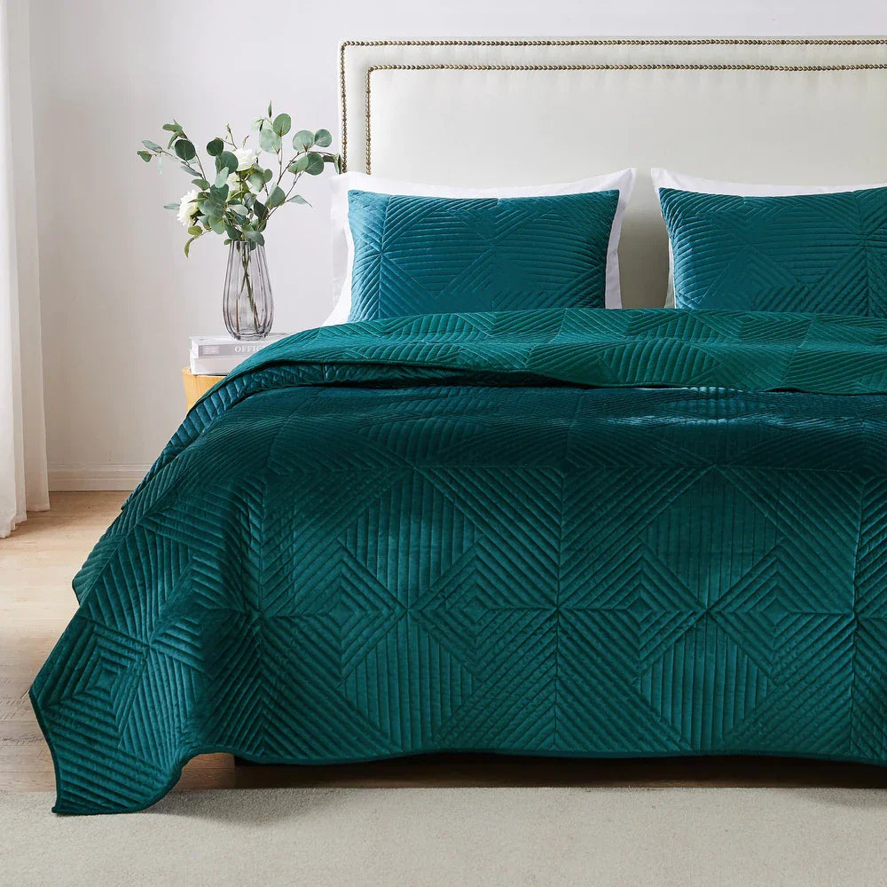  Greenland Home Fashions Riviera Velvet Quilt Set - Teal - Teal - Bonton