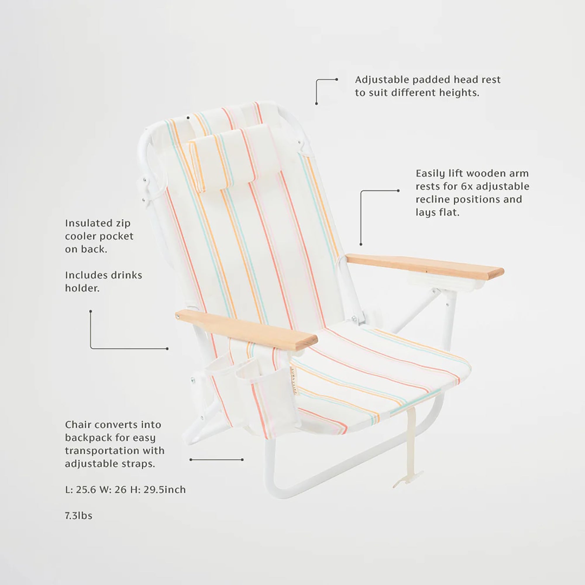  Sunnylife Sunnylife: Luxe Beach Chair - Rio Sun Multi Stripe - Cream Folding Outdoor Lounge Seating, Reclining, Wood Arm Rests, Drink Holders, Back Carry Straps - Multi - Bonton