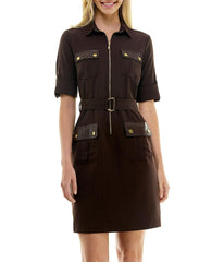 Four Pocket Sharkskin Shirtdress with Pleather Trim Espresso