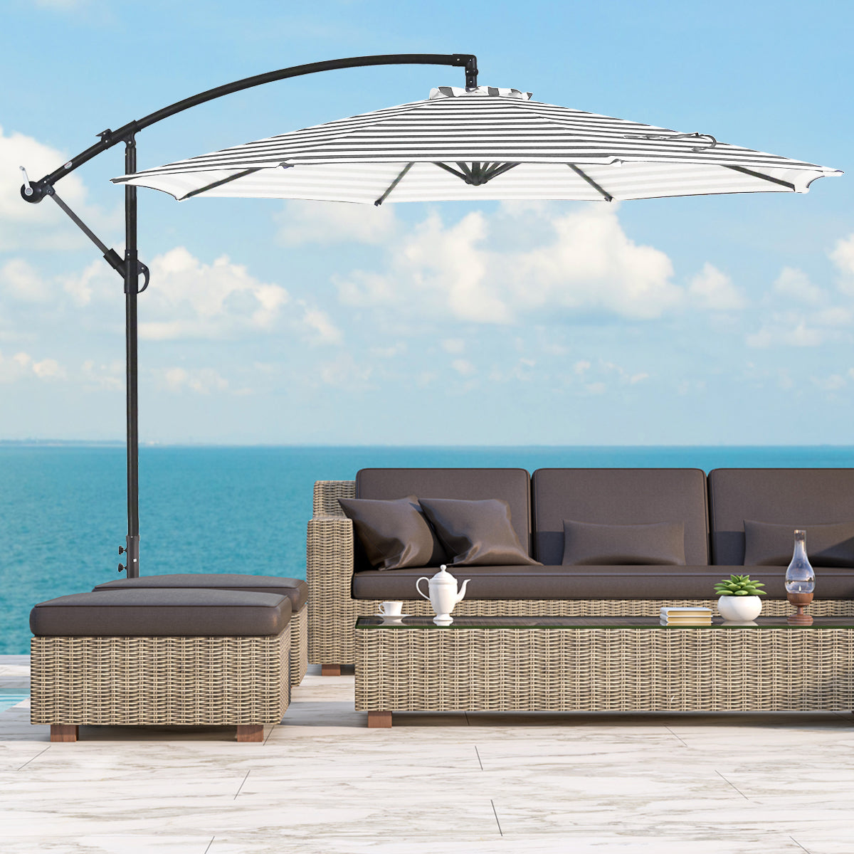  Westin Furniture 10 Ft Outdoor Patio Cantilever Offset Umbrella - Black/White Stripe - Bonton