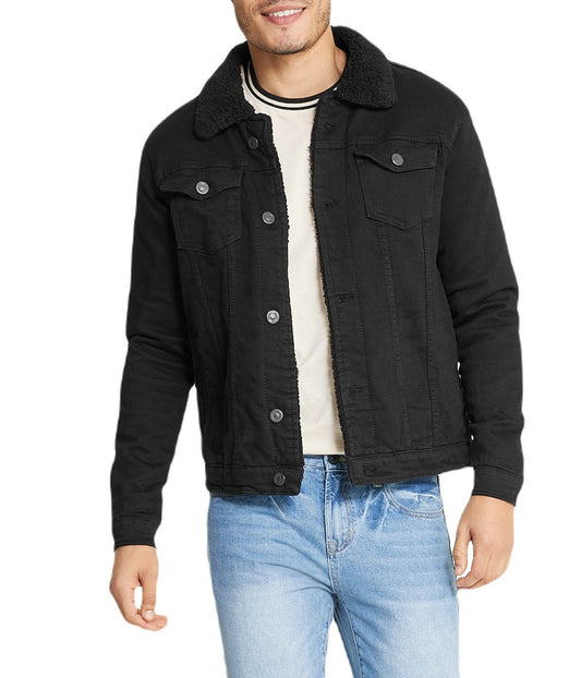 Black Sherpa Collar Black Denim Jacket