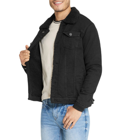Black Sherpa Collar Black Denim Jacket