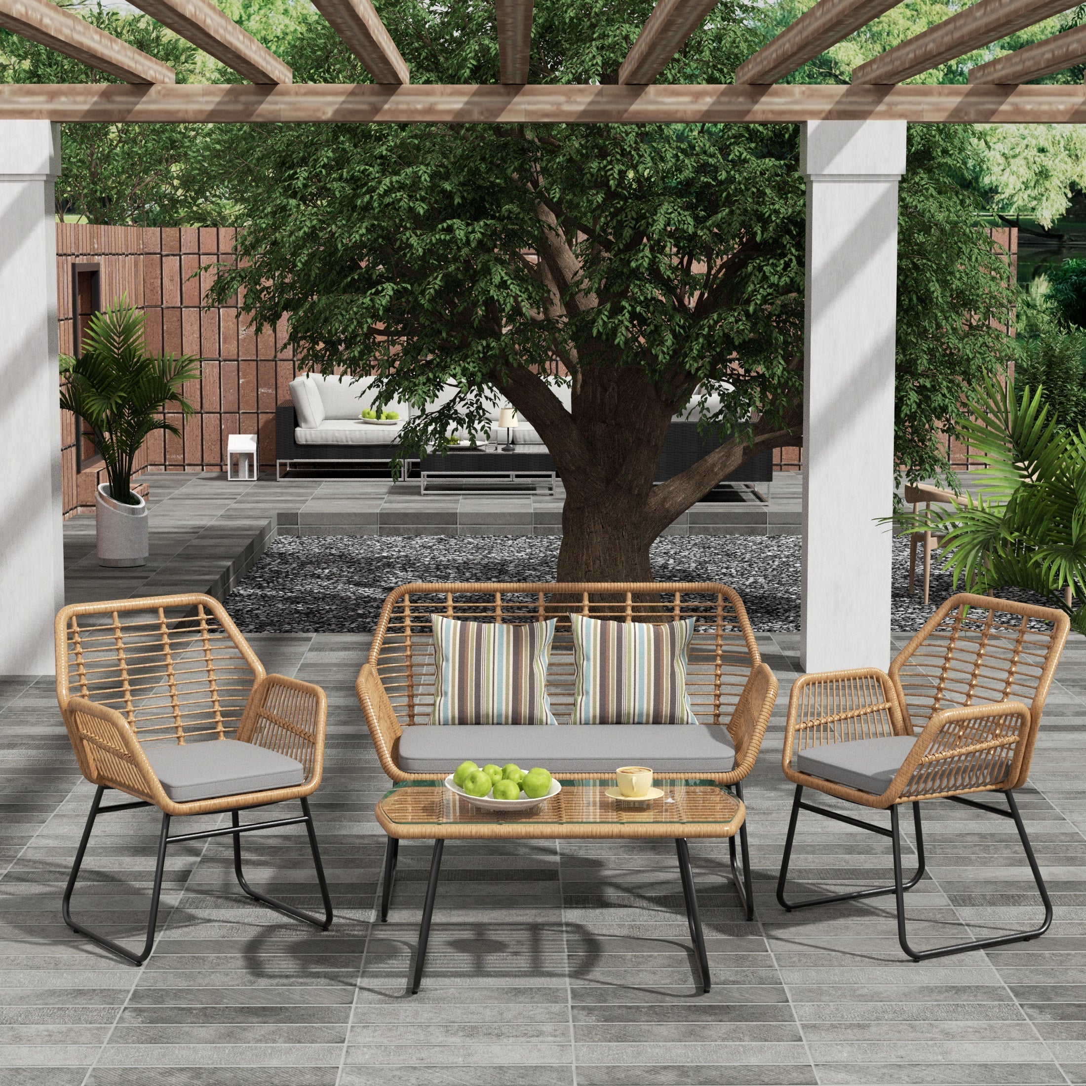  Westin Furniture 4-Piece Outdoor Patio Rattan Wicker Conversation Set - Beige - Bonton