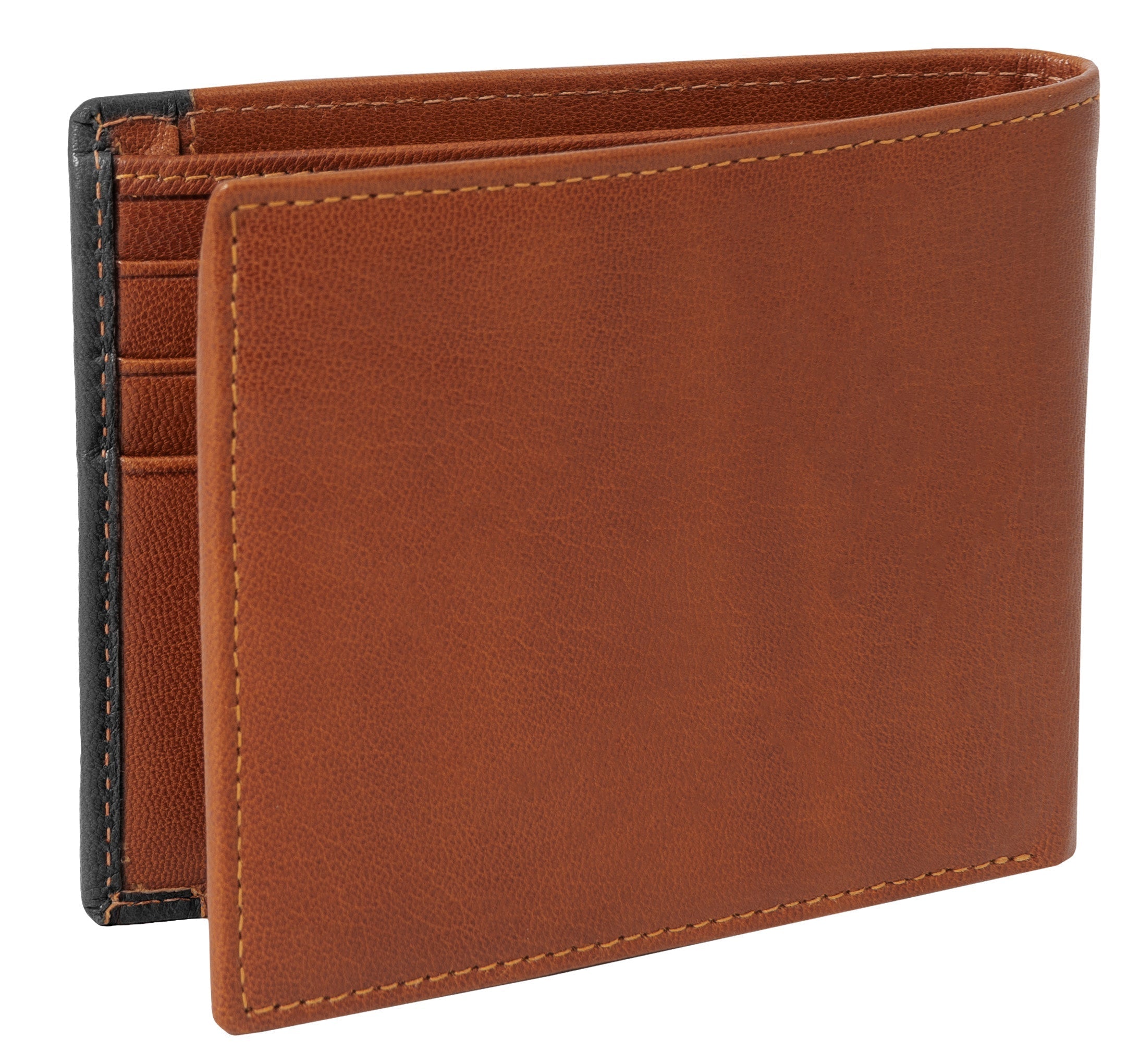  Jack Abrahams Leather Bi-fold Rifd Front Pocket Wallet - Cognac With Black Trim - Bonton