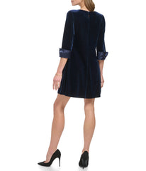 1 Pc 3/4 Cuff Sleeve Trap Velvet/Satin Dress Navy