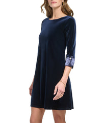 1 Pc 3/4 Cuff Sleeve Trap Velvet/Satin Dress Navy