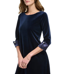 1 Pc 3/4 Cuff Sleeve Trap Velvet/Satin Dress Navy