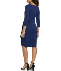 1Pc 3/4 Sleeve Side Tuck Sheath W/ Cascade Ruffle Glitter Knit Dress Navy