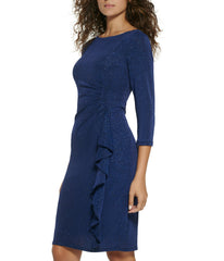 1Pc 3/4 Sleeve Side Tuck Sheath W/ Cascade Ruffle Glitter Knit Dress Navy