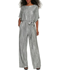 1Pc Dolman Sleeve Blouson Jumpsuit W/ Tie Sash Silver