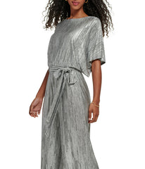 1Pc Dolman Sleeve Blouson Jumpsuit W/ Tie Sash Silver