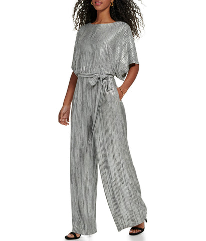 1Pc Dolman Sleeve Blouson Jumpsuit W/ Tie Sash Silver