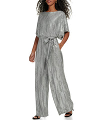 1Pc Dolman Sleeve Blouson Jumpsuit W/ Tie Sash Silver