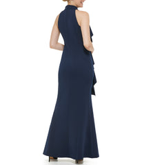 1Pc Sleeveless Mock Neck Cascade Ruffle Gown W/ Slit At Hem Navy