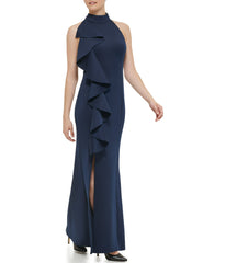 1Pc Sleeveless Mock Neck Cascade Ruffle Gown W/ Slit At Hem Navy