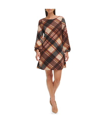 1Pc Puff Sleeve Trap Knit Melange Plaid Rust