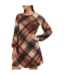 1Pc Puff Sleeve Trap Knit Melange Plaid Rust