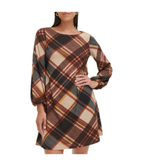 1Pc Puff Sleeve Trap Knit Melange Plaid Rust