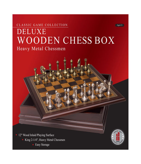Classic Game Collection - Deluxe Wooden Chess Box with Heavy Metal Chessmen Multi