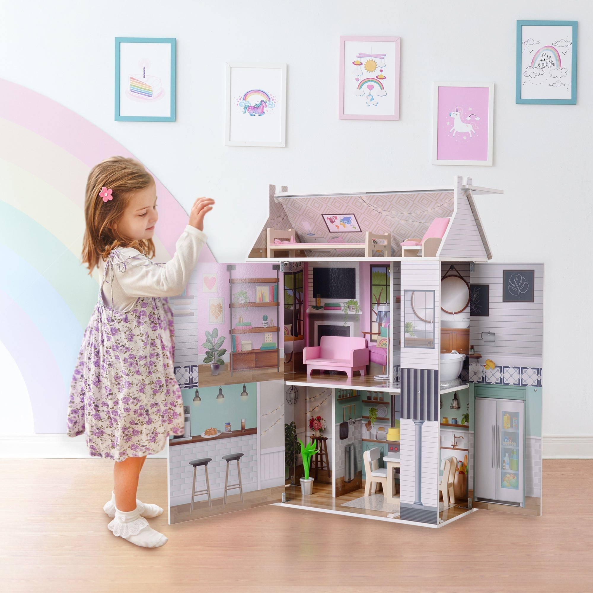  Teamson Kids Olivia's Little World - Dreamland 3 Side Open Farmhouse Doll House - Multi-color - Bonton