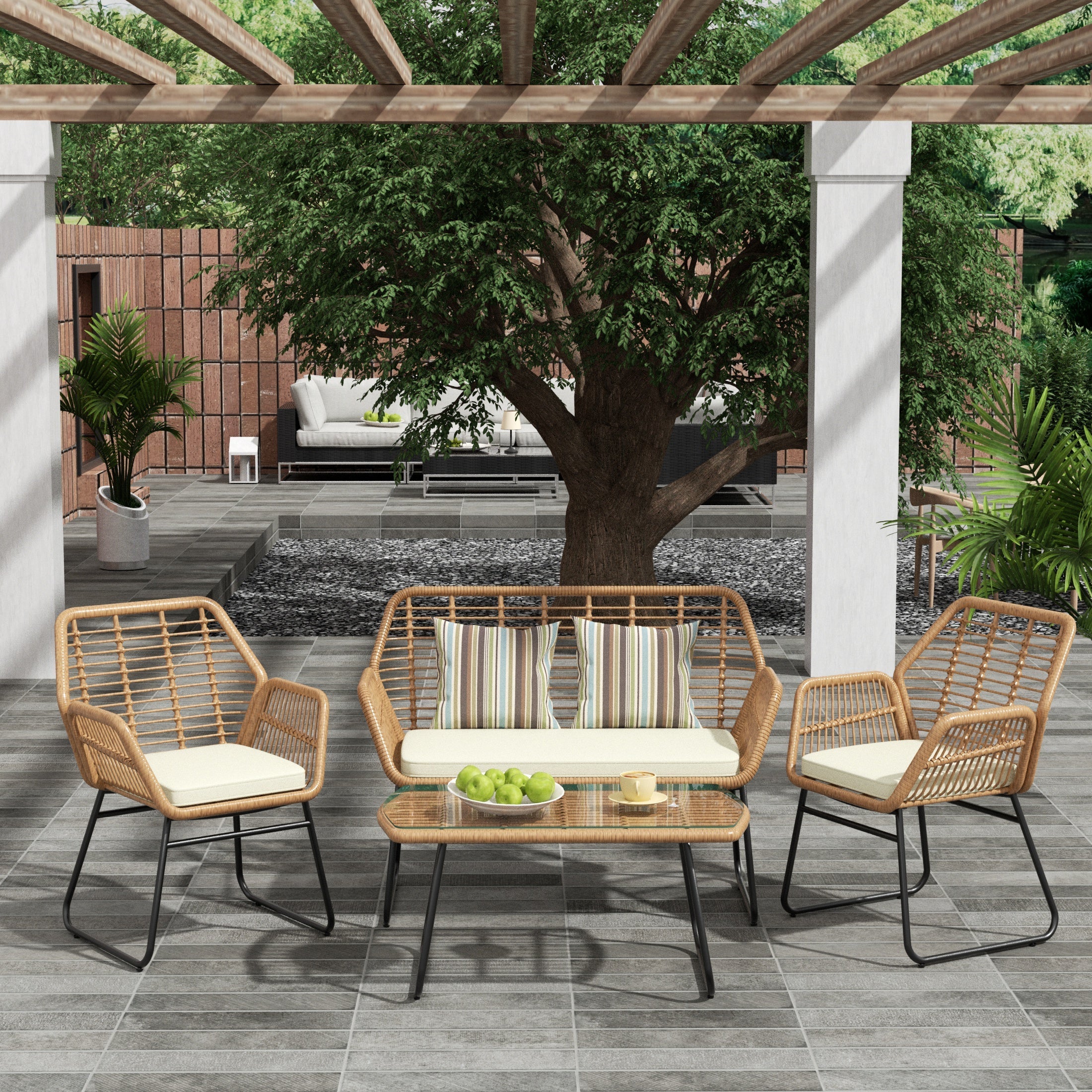  Westin Furniture 4-Piece Outdoor Patio Rattan Wicker Conversation Set - Beige - Bonton