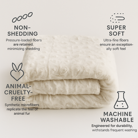 Folded white luxury faux fur blanket with text highlighting features machine washable super soft non shedding and animal cruelty free on a light gray background
