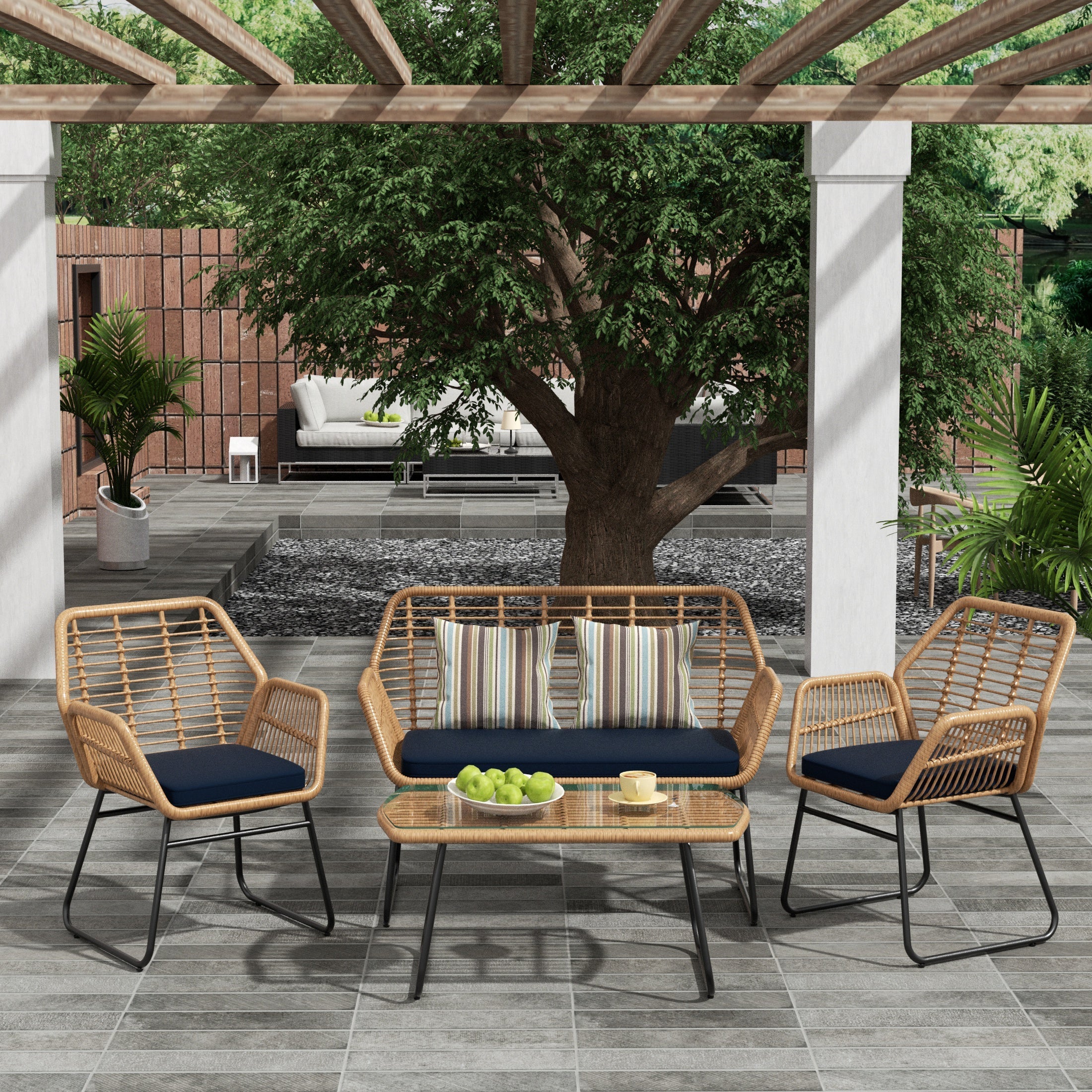  Westin Furniture 4-Piece Outdoor Patio Rattan Wicker Conversation Set - Beige - Bonton